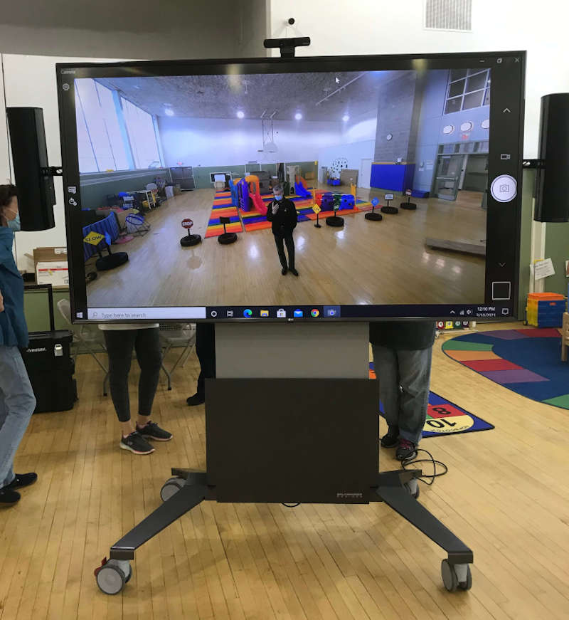 Mobile video conferencing cart with column array speakers